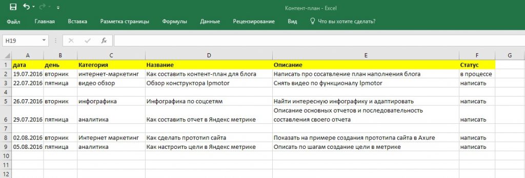 Контент план пример эксель
